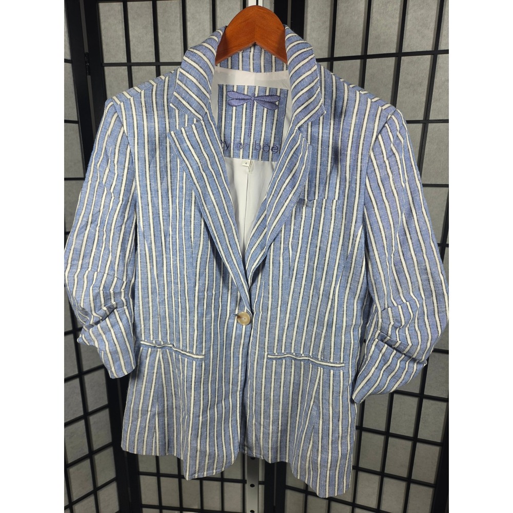 Tyler Boe Preppy Coastal Blue White Striped Linen Blend Blazer Size 4